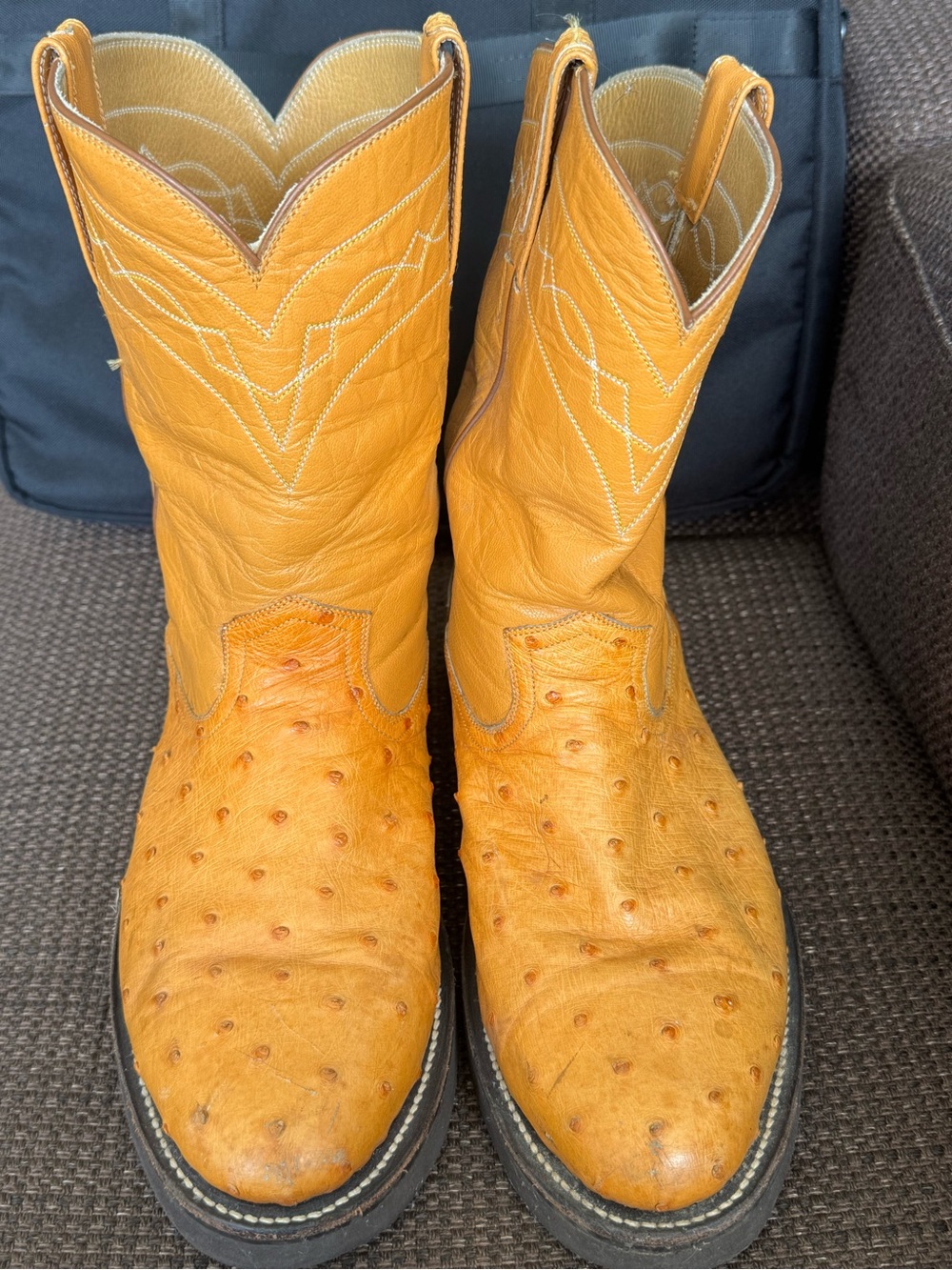 Men's Western Ostrich-Texture Cowboy Boots in Tan Leather